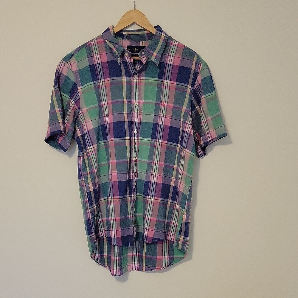 Polo Ralph Lauren Vntg Madras Plaid Short Sleeve Button Down Shirt 90s Size L